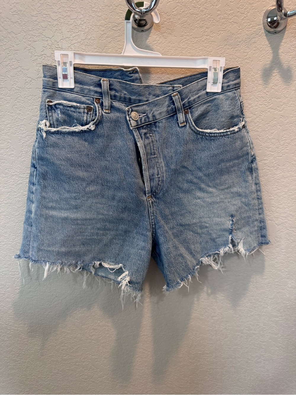 Agolde Light Blue Distressed High-Rise Jean Shorts
